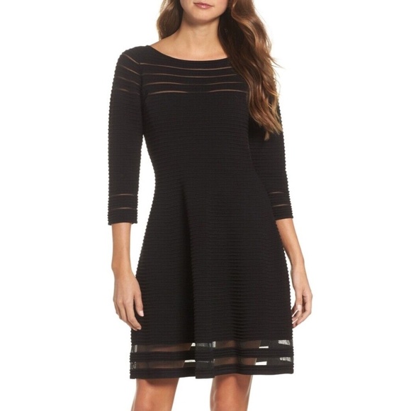 Eliza J Black Fit & Flare Mesh Stripe Knit Stretch Dress - Picture 1 of 11